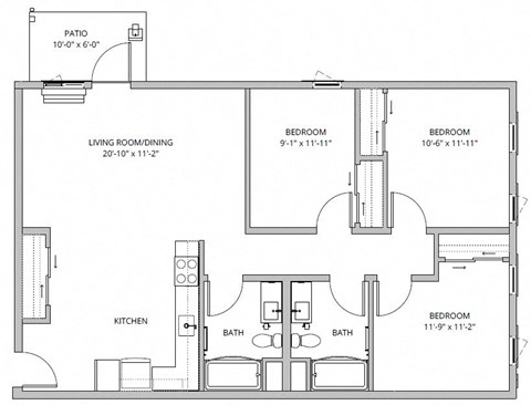 Floor plan for 3 beds, 2 baths, 1176 sqft
